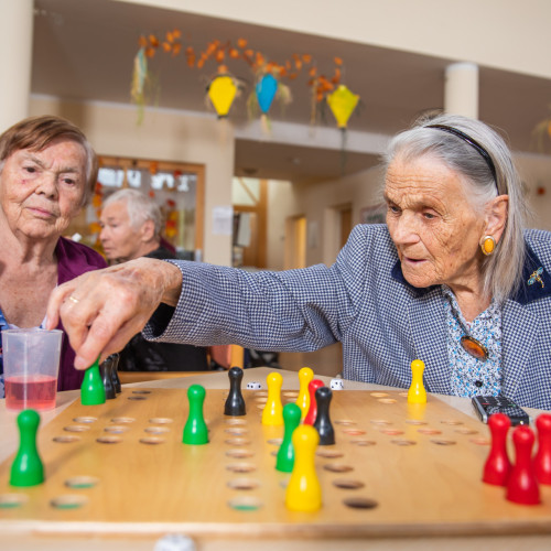 Zwei Bewohnerinnen spielen gemeinsam Mensch ärgere Dich nicht.